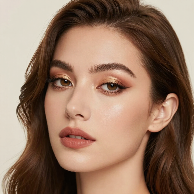 Retrato de una mujer con cabello castaño, maquillaje cálido y expresión neutra sobre un fondo claro.