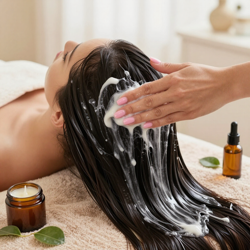 Mujer recibiendo un masaje con champú y espuma en su largo cabello oscuro en un spa.