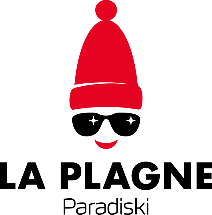 Logo de La Plagne Paradiski avec un bonnet rouge, des lunettes de soleil et un sourire