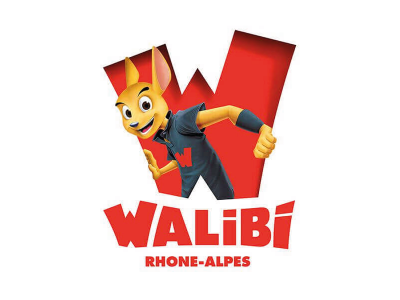 Logo de Walibi Rhône-Alpes avec un kangourou de dessin animé souriant, vêtu d’une tenue rouge et noire