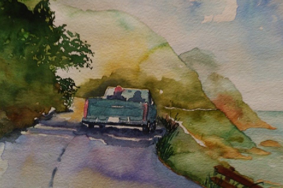 Aquarellgemälde eines grünen Pick-up-Trucks auf einer Küstenstraße, im Hintergrund Berge und Meer.