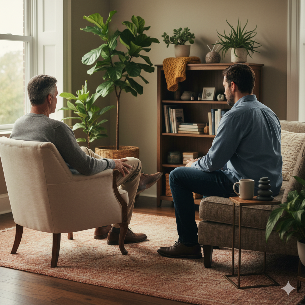 Terapeuta prende appunti durante una seduta di consulenza; scatola di fazzoletti nelle vicinanze.