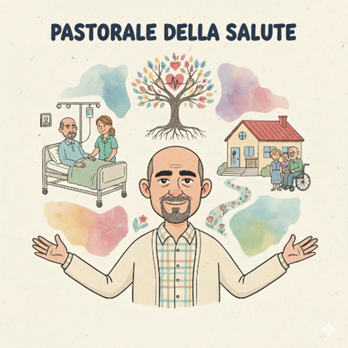 Uomo con le braccia tese; circondato da elementi di assistenza sanitaria e benessere.