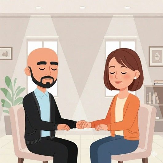 Un uomo e una donna si tengono per mano, con gli occhi chiusi, durante una seduta di counseling.