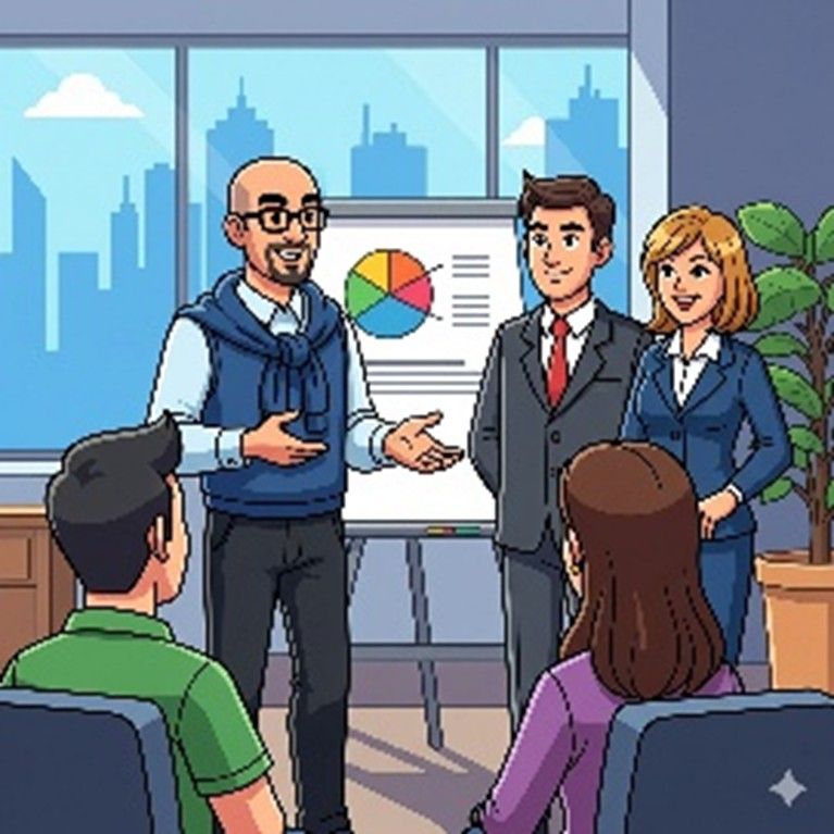 Gruppo in ufficio; un uomo fa una presentazione con un grafico a torta, altri osservano.