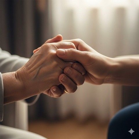 Due mani giunte, forse per offrire conforto o sostegno, in una stanza con luci soffuse.