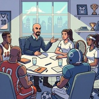 Gruppo di atleti e allenatore in riunione. Sono visibili attrezzature sportive e vista sulla città.