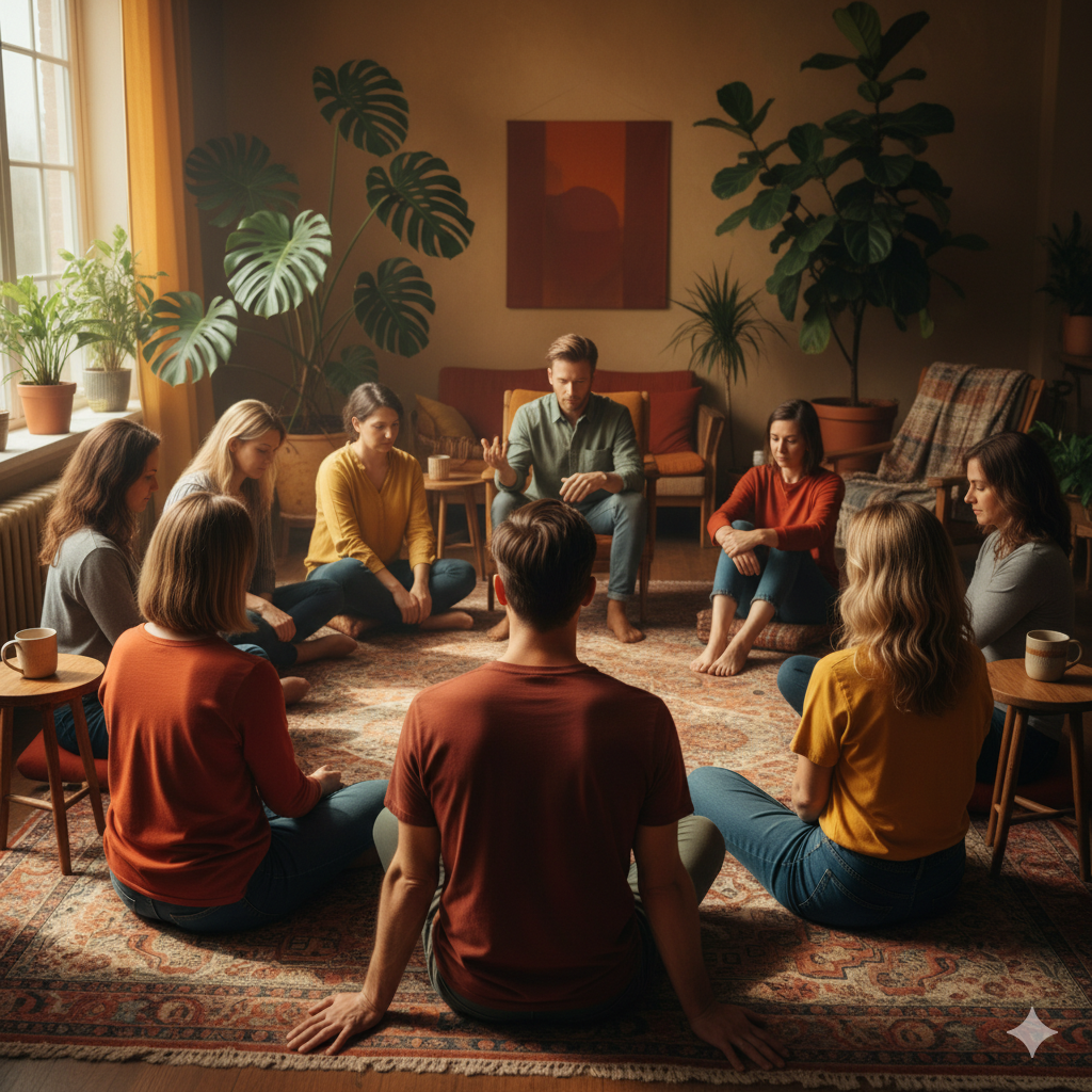 Gruppo di persone sedute in cerchio, con le mani in vista, impegnate in una discussione; al chiuso.