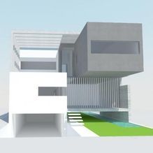 Un modelo 3D de una casa moderna con un césped verde en frente de ella.