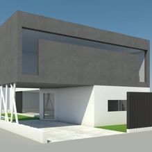 Una impresión artística de una casa moderna con una gran ventana.