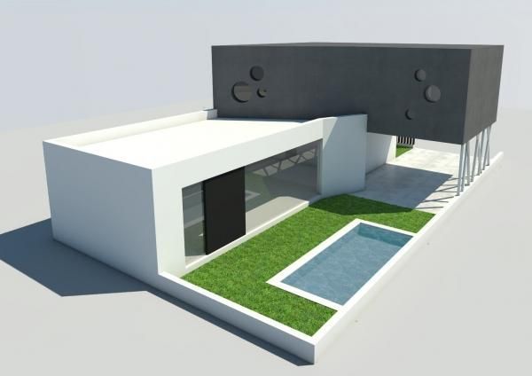 Un modelo 3D de una casa con piscina en el patio trasero.