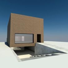 Un modelo 3D de una casa con un garaje debajo.