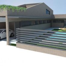 Una representación 3D de una casa con un automóvil estacionado debajo y una piscina.