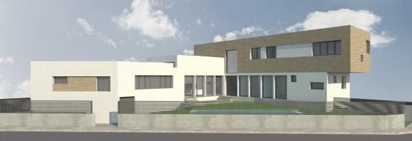 Impresión de un artista de una casa moderna con una valla a su alrededor.