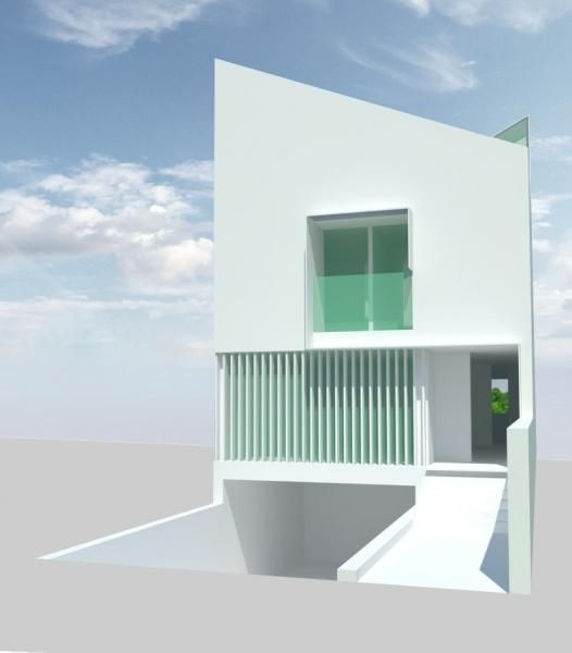Un modelo 3D de una casa con un cielo azul de fondo.
