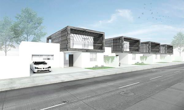 Impresión artística de una hilera de casas con un coche aparcado delante de ellas.