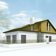 Una representación 3D de una casa con techo verde y un reloj en el techo.