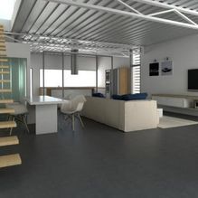 Una sala de estar con sofá, mesa, sillas y escaleras.