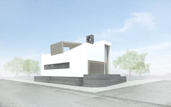 Una impresión artística de una casa blanca en la esquina de una calle.