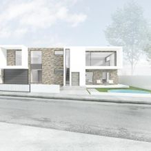 Una impresión artística de una casa moderna con piscina en el patio trasero.