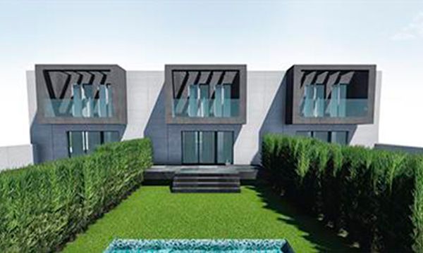 Impresión de un artista de una casa con piscina en el patio trasero.