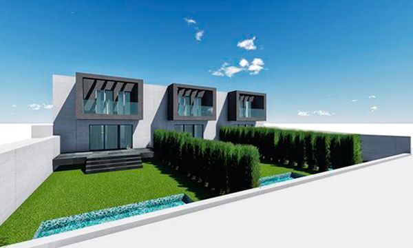 Impresión de un artista de una casa con piscina en el patio trasero.