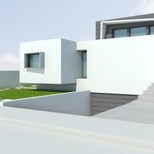 Impresión artística de una casa moderna con escaleras que conducen a ella.