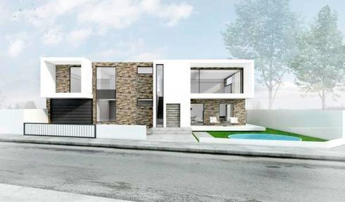 Impresión de un artista de una casa moderna con piscina.