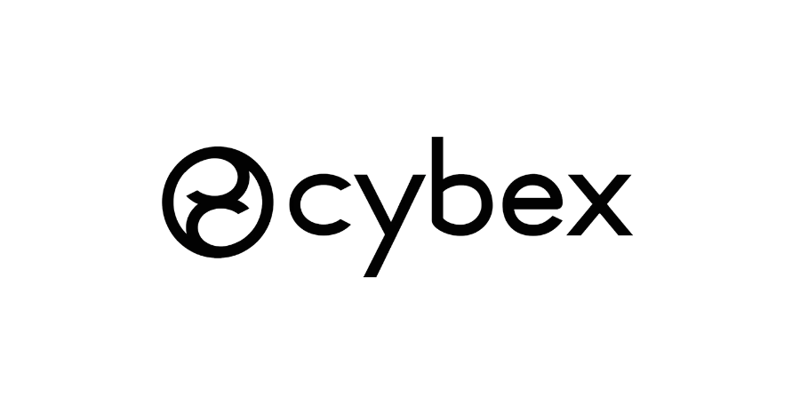 Logotipo de Cybex: un símbolo de infinito estilizado negro junto a la palabra