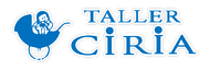Logotipo azul del "Taller Ciria" con un bebé en cochecito.