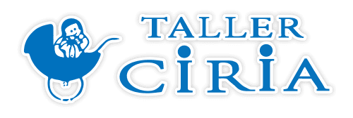 Logotipo azul del "Taller Ciria" con un bebé en cochecito.