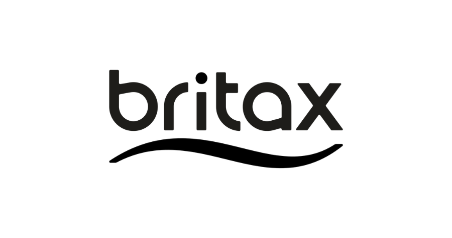 Logotipo de Britax: texto negro con subrayado curvo.