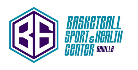 Logotipo del Centro Deportivo y de Salud de Baloncesto de Sevilla. Un marco hexagonal rodea las letras «BS» en morado y verde azulado. Texto en verde azulado a la derecha.