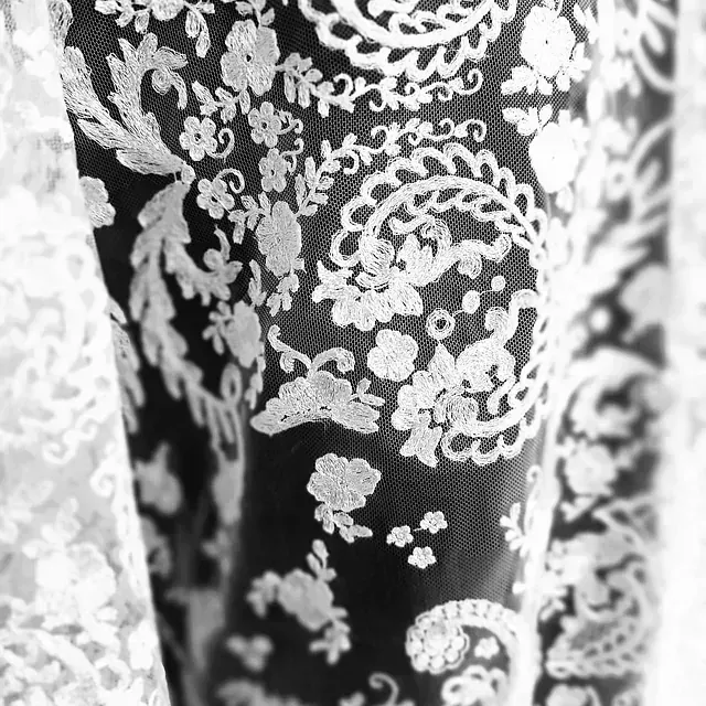 Una fotografía en blanco y negro de una tela de encaje con estampado floral.