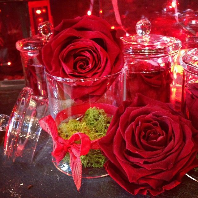Roses rouges dans un pot transparent