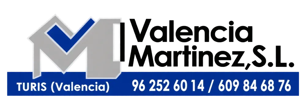 Logotipo de Valencia Martinez, S.L. con una marca de verificación azul y números de teléfono de contacto sobre un fondo blanco