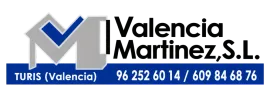 Logotipo de Valencia Martinez, S.L. con una marca de verificación azul y números de teléfono de contacto sobre un fondo blanco