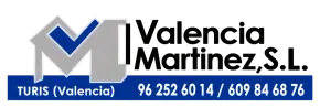 Logotipo de Valencia Martinez, S.L. con una marca de verificación azul y números de teléfono de contacto sobre un fondo blanco