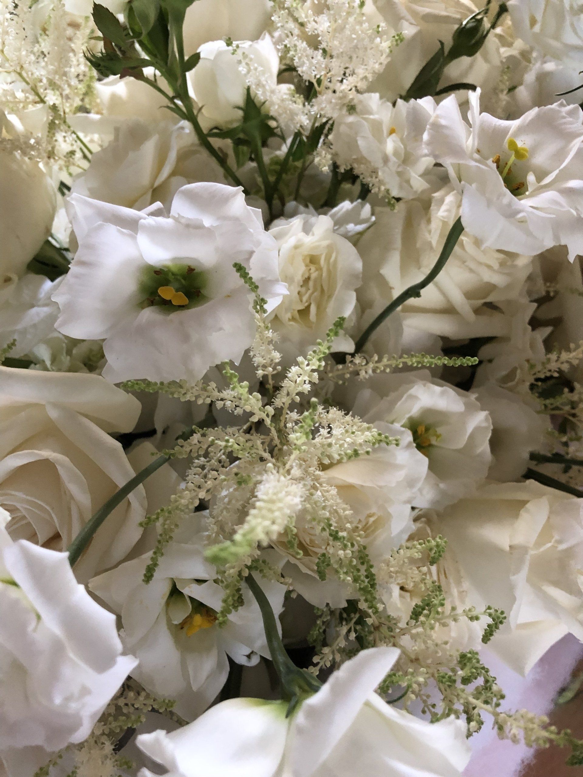 Gros plan sur une composition florale blanche