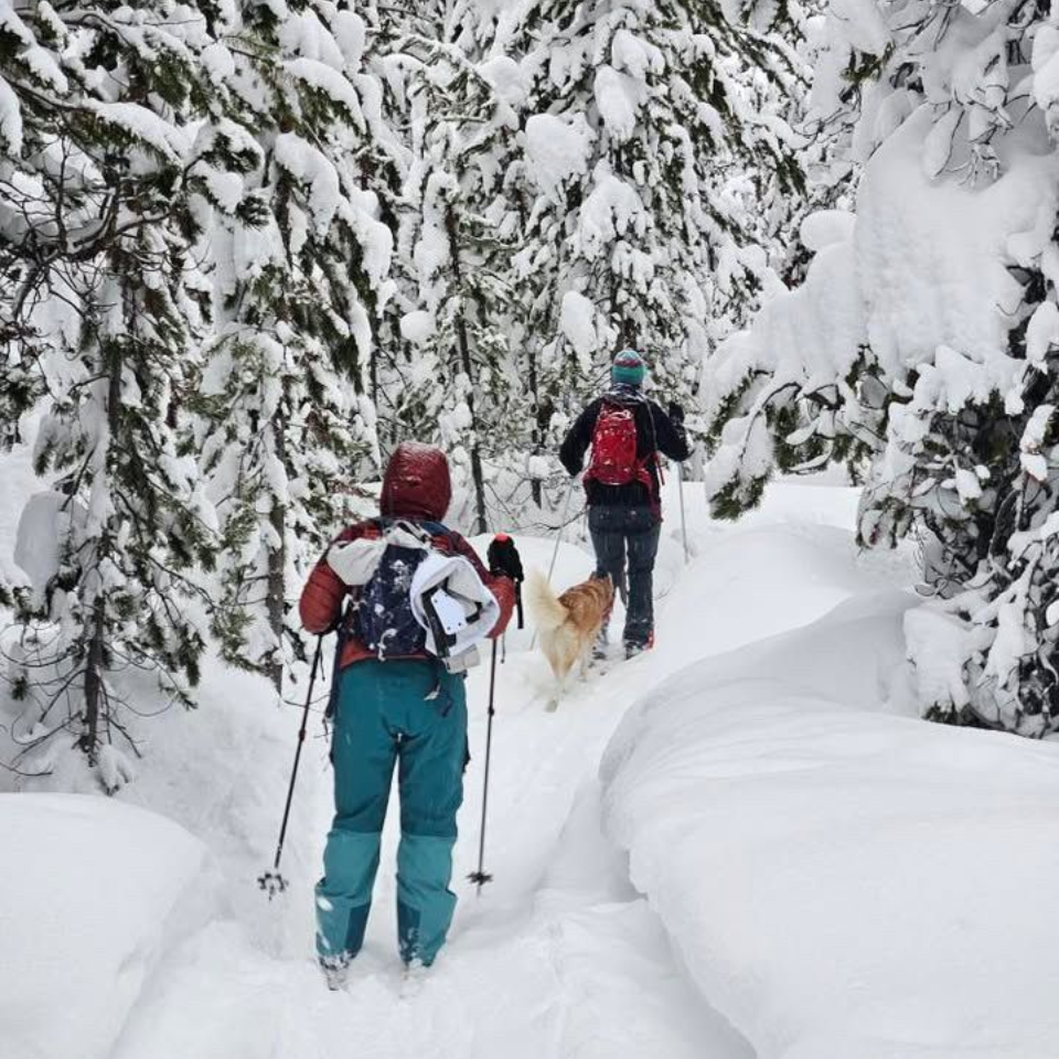 couple cross country skiing on a winter day in Sunriver at Edison Sno Park