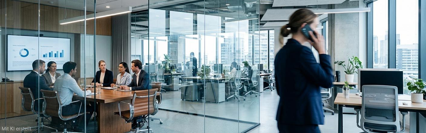 Büroetage mit Menschen im Besprechungsraum und einer telefonierenden Person im Vordergrund. 