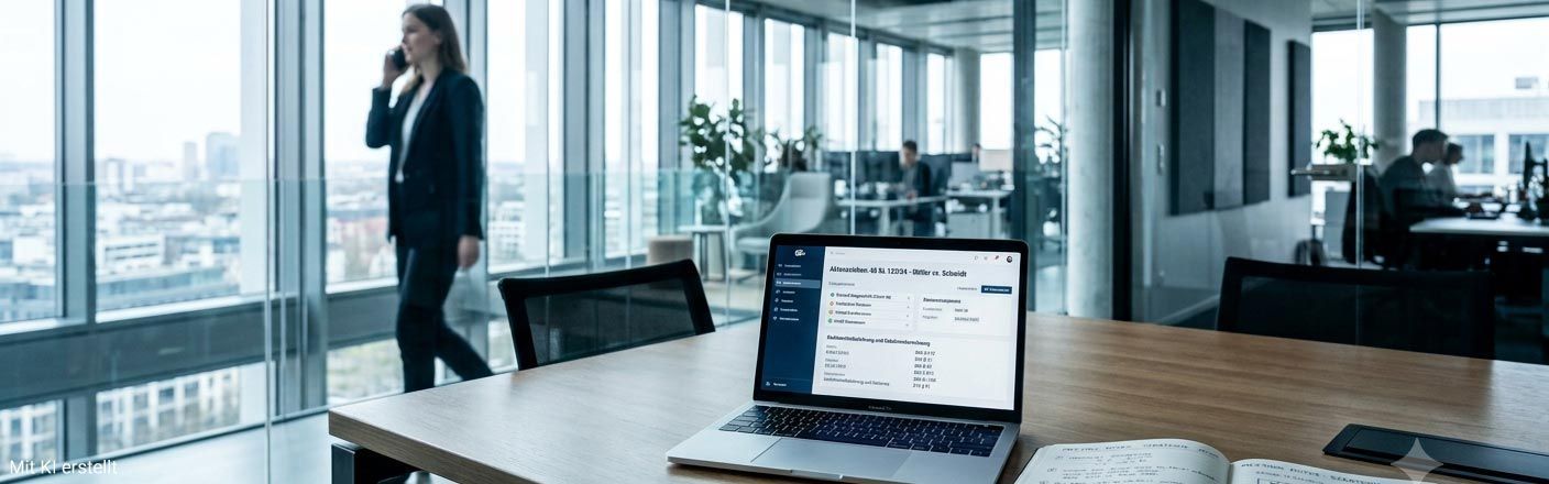 Büroetage mit Schreibtischen & einer telefonierenden Frau vor einer Fensterfront. Vorne ein aufgeklappter Laptop.