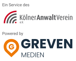 Ein Service des Kölner Anwaltverein e.V. Powered by Greven Medien Logos mit Schriftzug: Ein Service des Kölner Anwaltverein e.V. Powered by Greven Medien