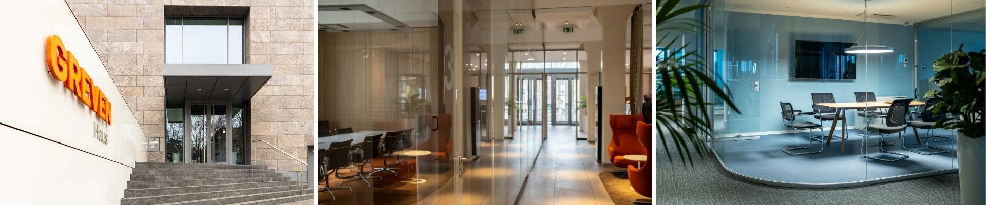 Ansichten Greven Haus Bilder vom Greven Haus, die den Eingangsbereich, Bistro und Besprechungsräume zeigen.