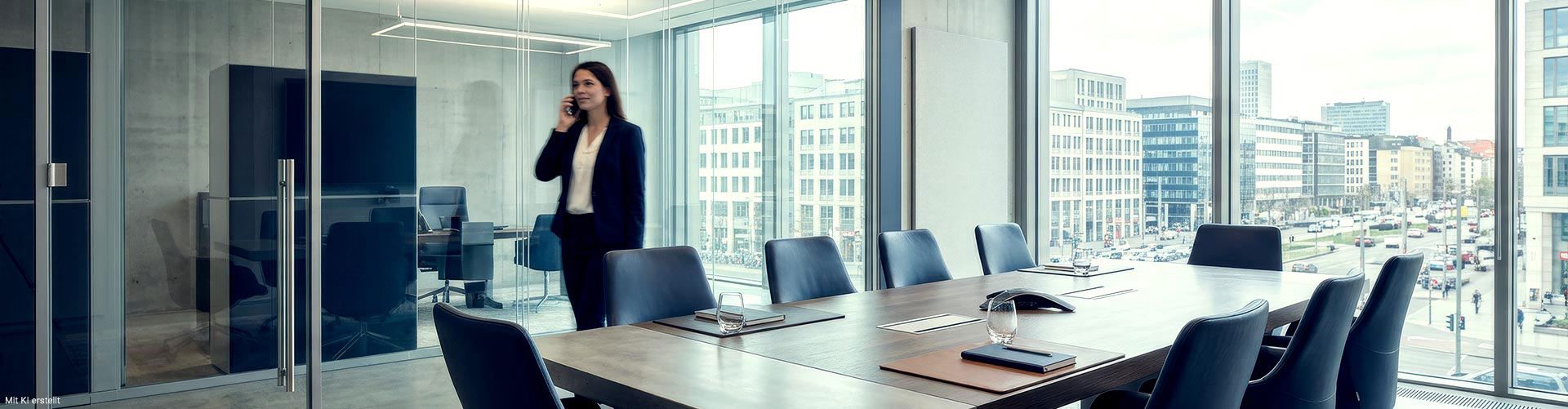 Telefonierende Frau im Business-Look in modernem Büro mit Blick auf eine Großstadt-Straße.