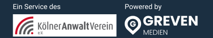 Logo Kölner Anwaltverein & Greven Medien Logos mit Schriftzug: Ein Service des Kölner Anwaltverein e.V. Powered by Greven Medien