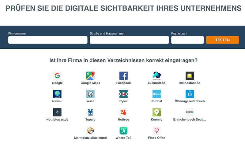 Eingabemaske des Local Listing Checks mit Logos einiger Online-Portale.