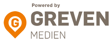 Ein Logo mit der Aufschrift „powered by greven medien“