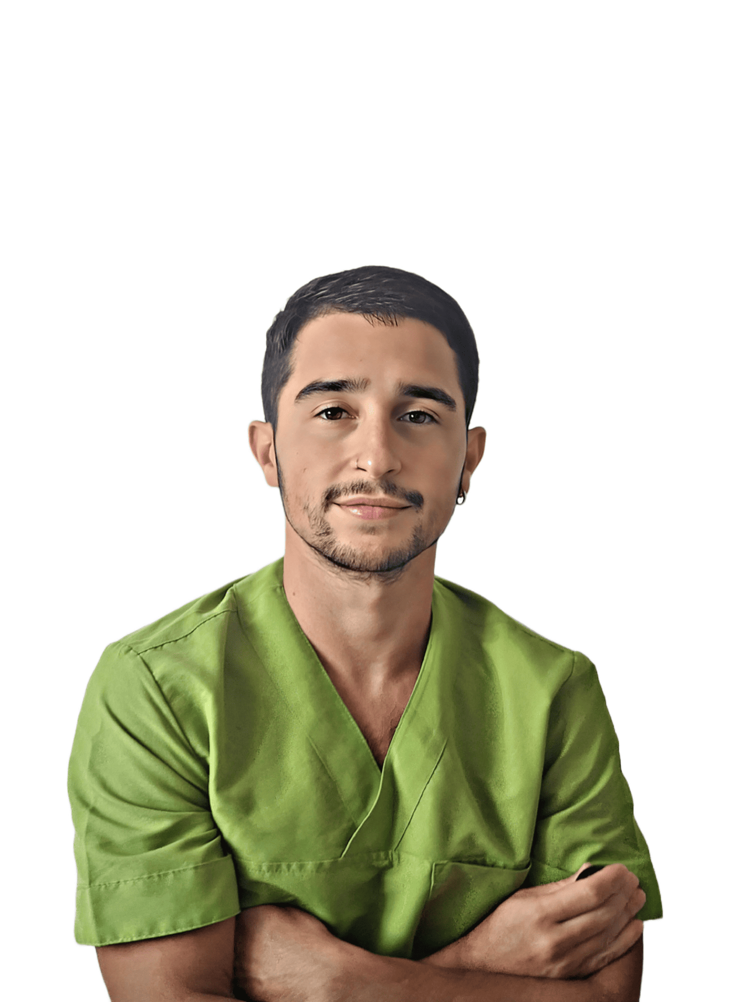 Un hombre con un matorral verde está de pie con los brazos cruzados.