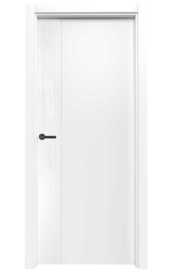 Una puerta blanca con una manija negra sobre un fondo blanco.